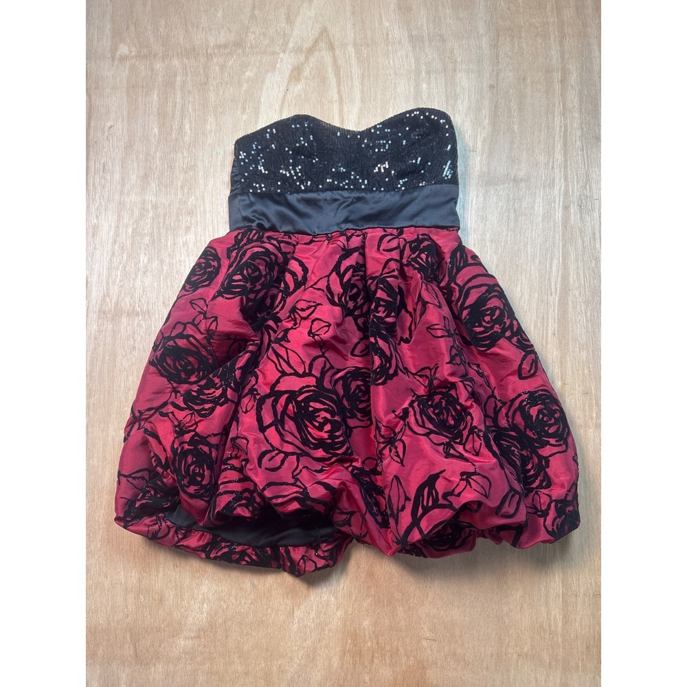 Red Black Rose Floral Sequin Strapless Bubble Hem Mini Dress Cocktail Party Prom